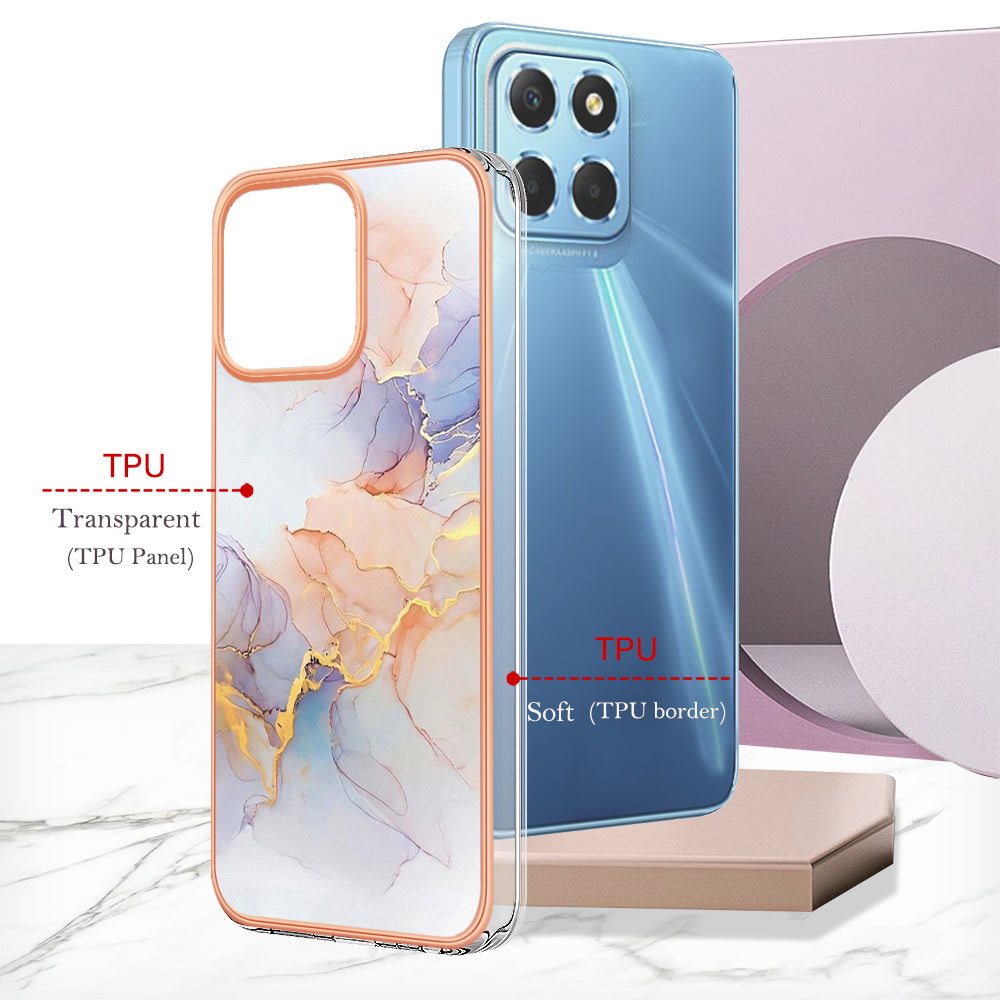 YB IMD Series-1 Electroplating Phone Case for Honor X8 5G Marble Floral Pattern TPU Protective Cover
