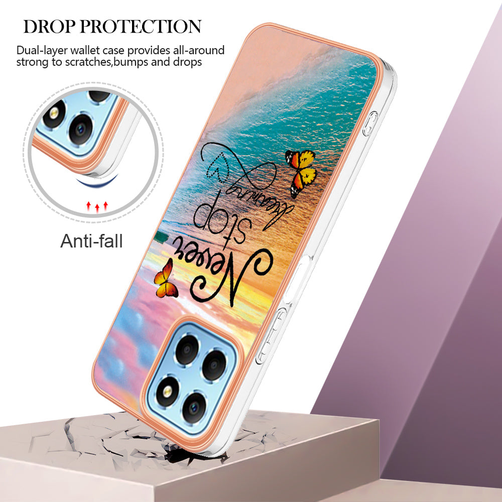 YB IMD Series-1 Electroplating Phone Case for Honor X8 5G Marble Floral Pattern TPU Protective Cover