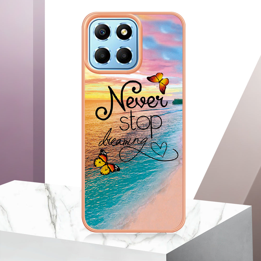 YB IMD Series-1 Electroplating Phone Case for Honor X8 5G Marble Floral Pattern TPU Protective Cover