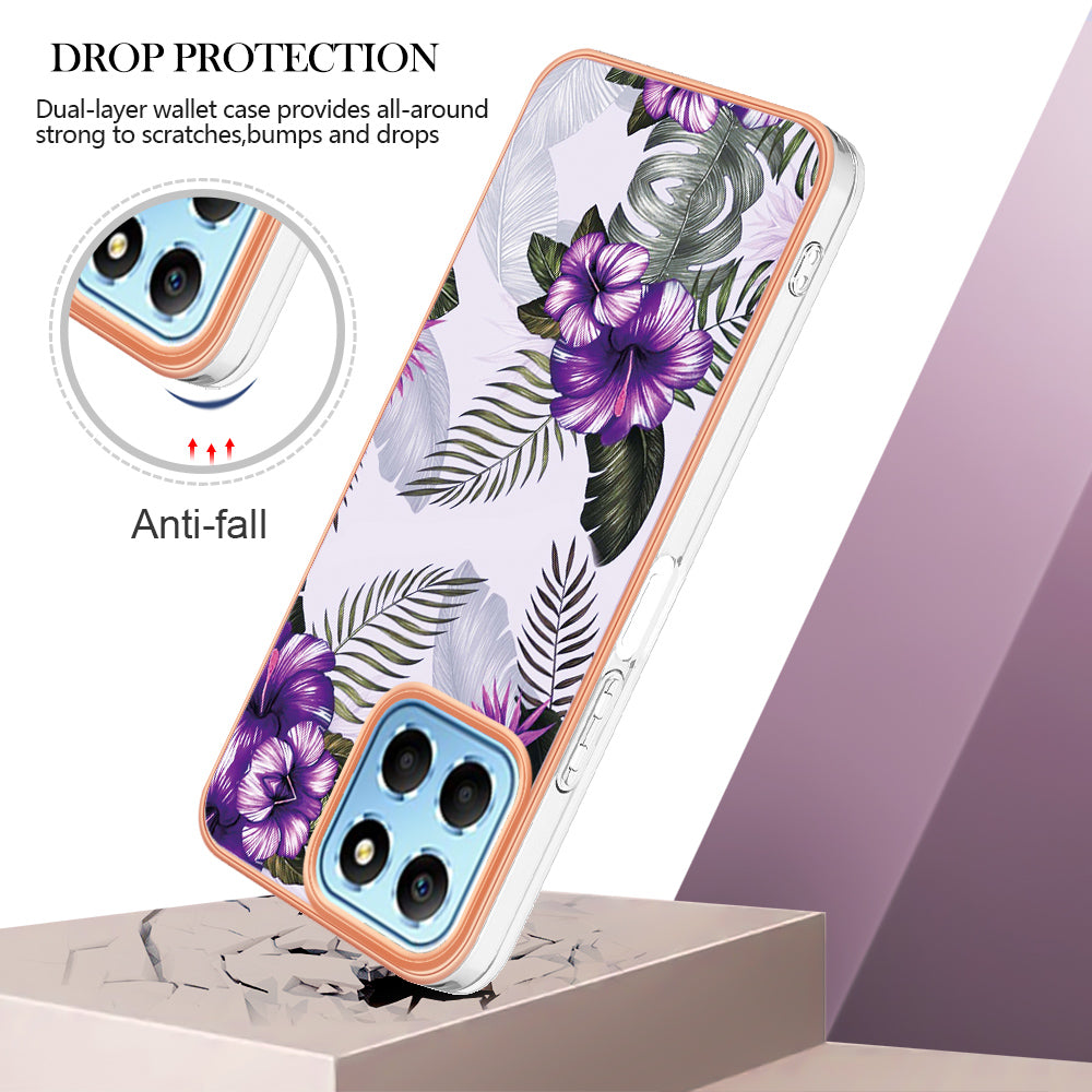 YB IMD Series-1 Electroplating Phone Case for Honor X8 5G Marble Floral Pattern TPU Protective Cover