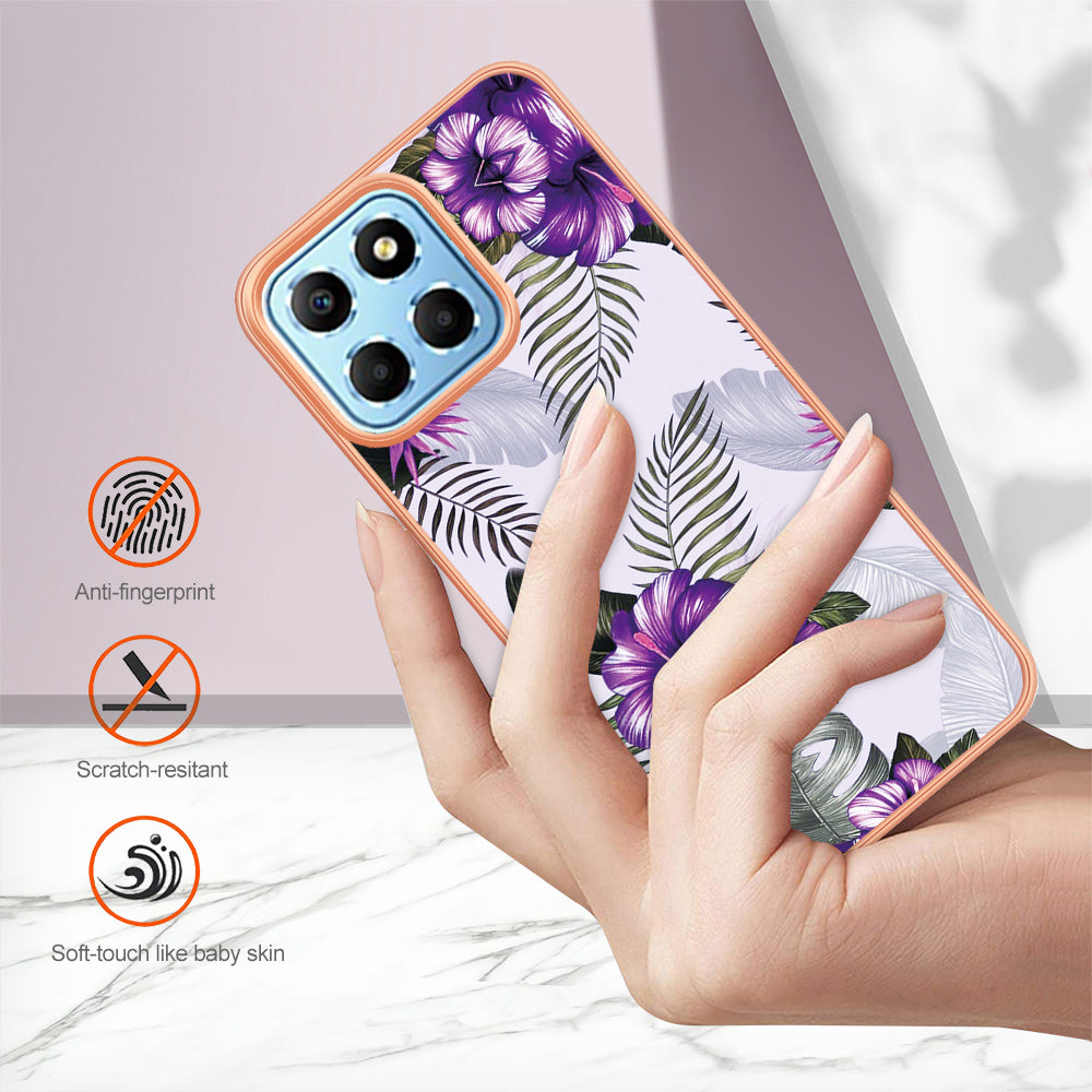 YB IMD Series-1 Electroplating Phone Case for Honor X8 5G Marble Floral Pattern TPU Protective Cover