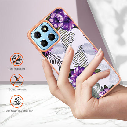 YB IMD Series-1 Electroplating Phone Case for Honor X8 5G Marble Floral Pattern TPU Protective Cover