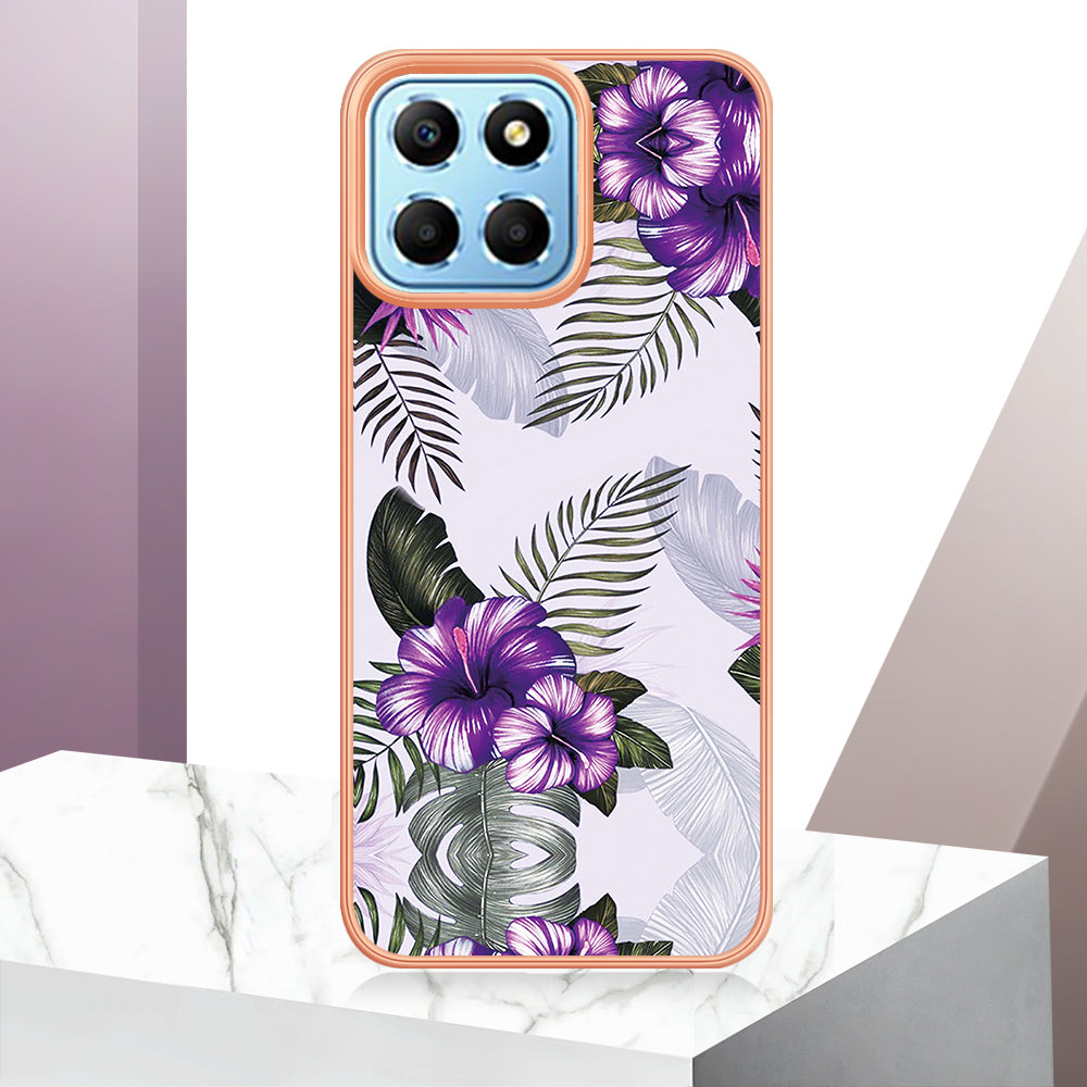 YB IMD Series-1 Electroplating Phone Case for Honor X8 5G Marble Floral Pattern TPU Protective Cover
