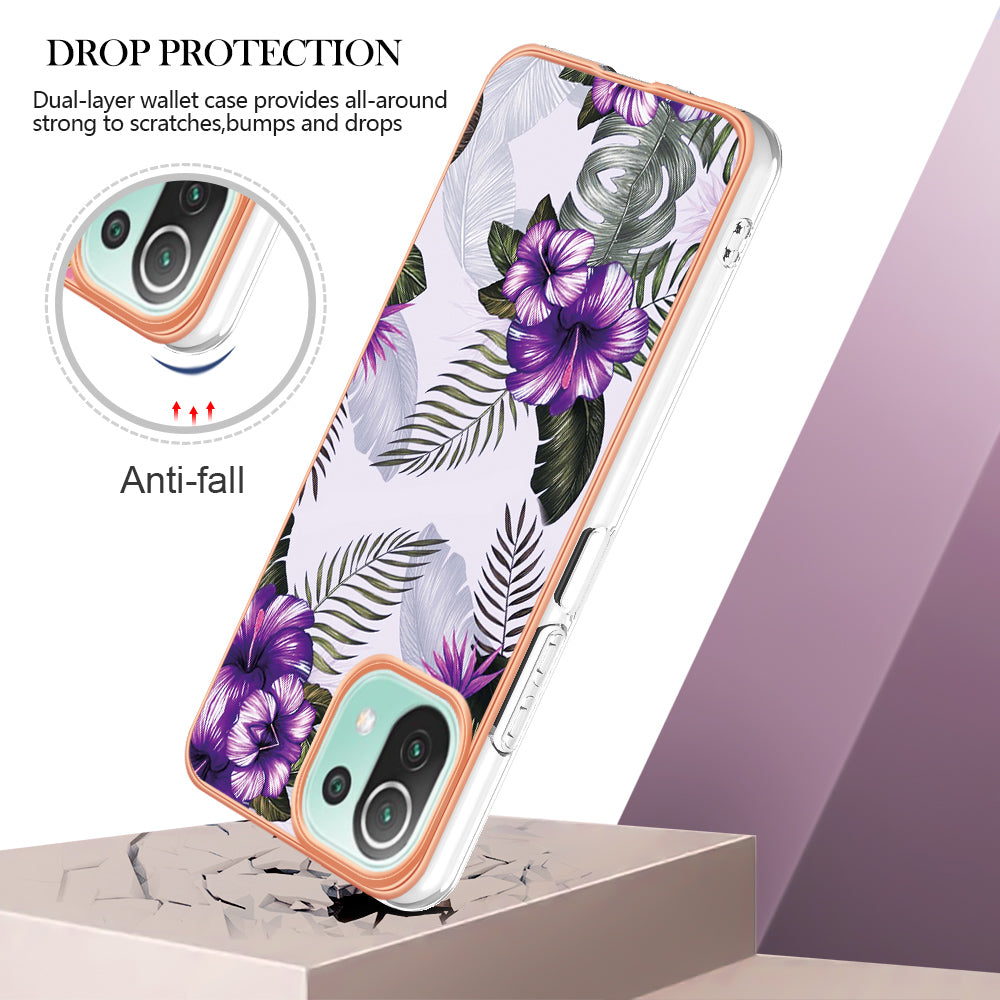 YB IMD Series-1 Phone Back Protector for Xiaomi Mi 11 Lite 4G / 5G / 11 Lite 5G NE Marble Floral Pattern Electroplating TPU Cover