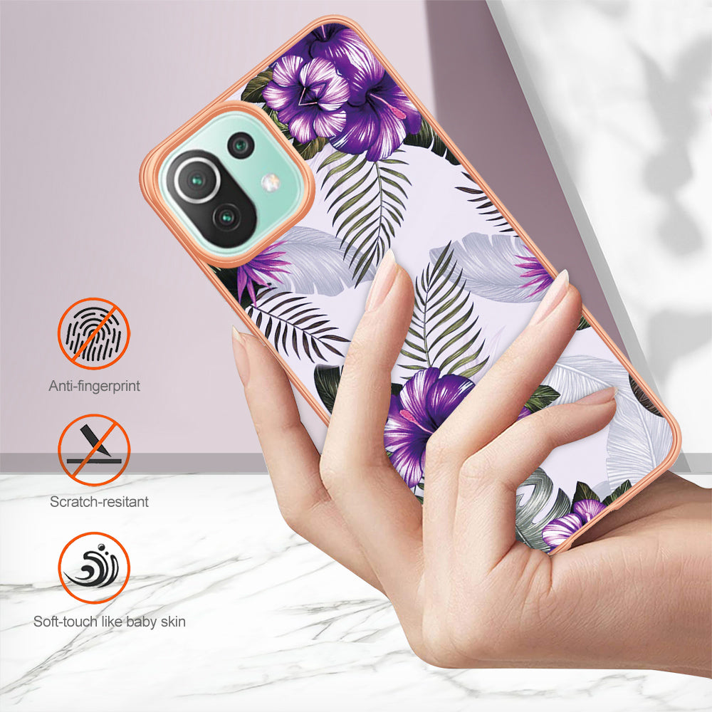 YB IMD Series-1 Phone Back Protector for Xiaomi Mi 11 Lite 4G / 5G / 11 Lite 5G NE Marble Floral Pattern Electroplating TPU Cover