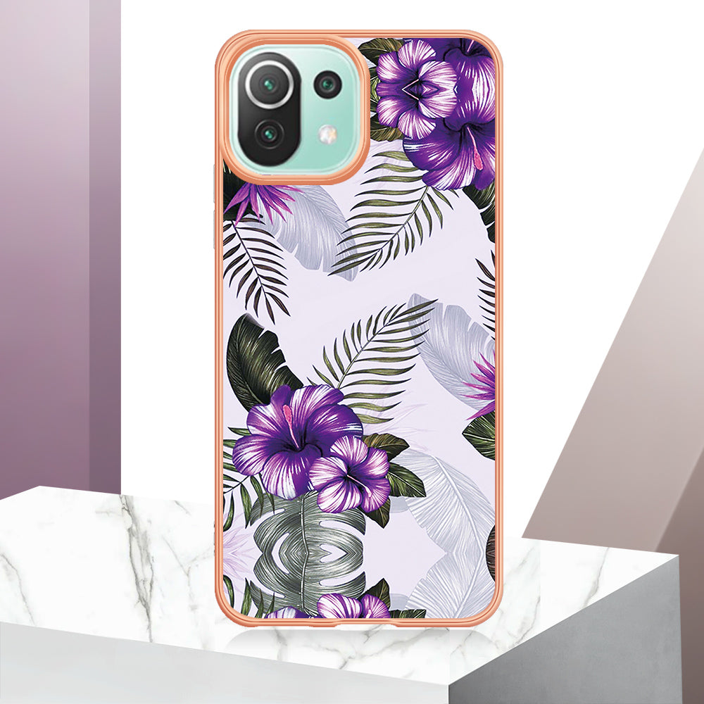 YB IMD Series-1 Phone Back Protector for Xiaomi Mi 11 Lite 4G / 5G / 11 Lite 5G NE Marble Floral Pattern Electroplating TPU Cover