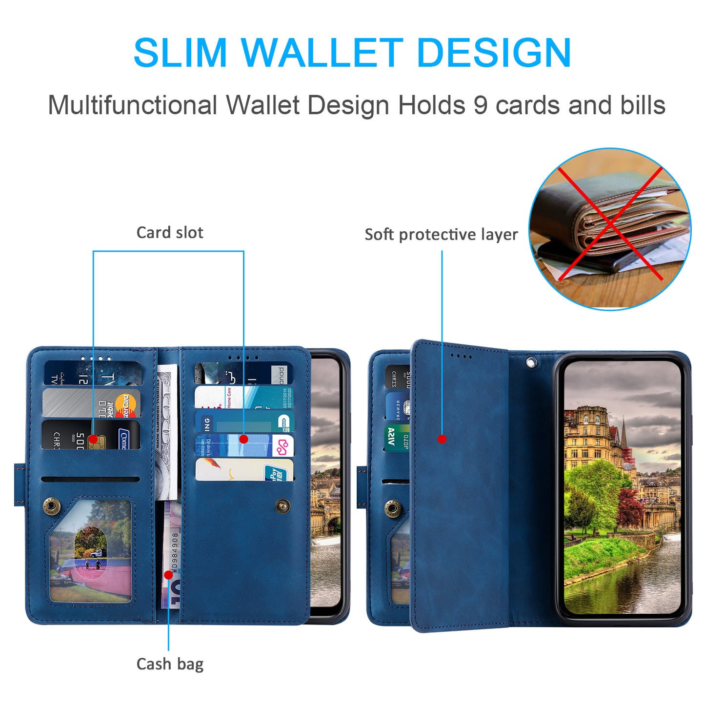 PU Leather Phone Case For Samsung Galaxy A33 5G , Zipper Pocket 9 Card Slots Phone Shell Cover