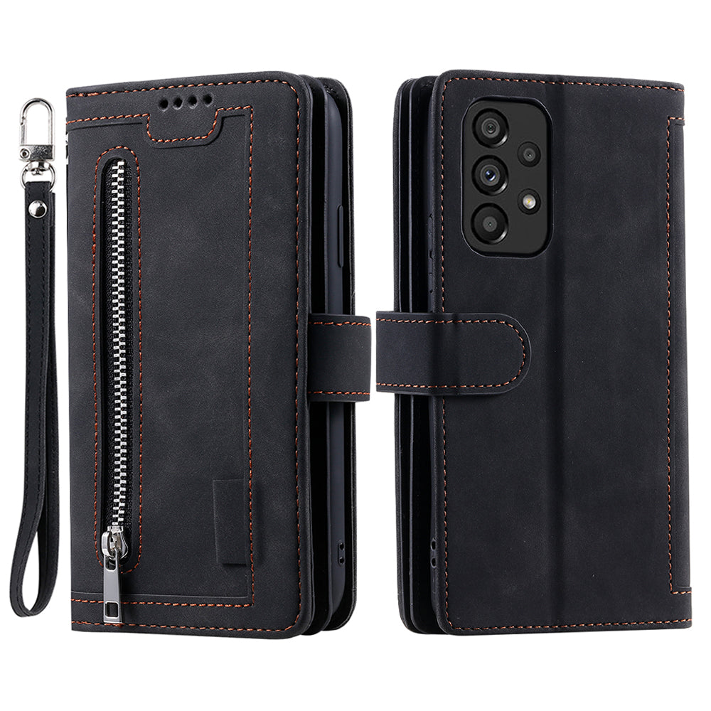 PU Leather Phone Case For Samsung Galaxy A33 5G , Zipper Pocket 9 Card Slots Phone Shell Cover