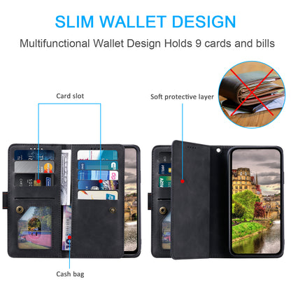 PU Leather Phone Case For Samsung Galaxy A33 5G , Zipper Pocket 9 Card Slots Phone Shell Cover