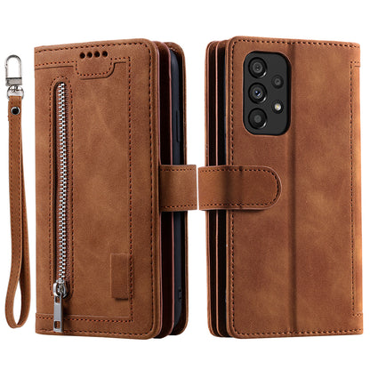 PU Leather Phone Case For Samsung Galaxy A33 5G , Zipper Pocket 9 Card Slots Phone Shell Cover