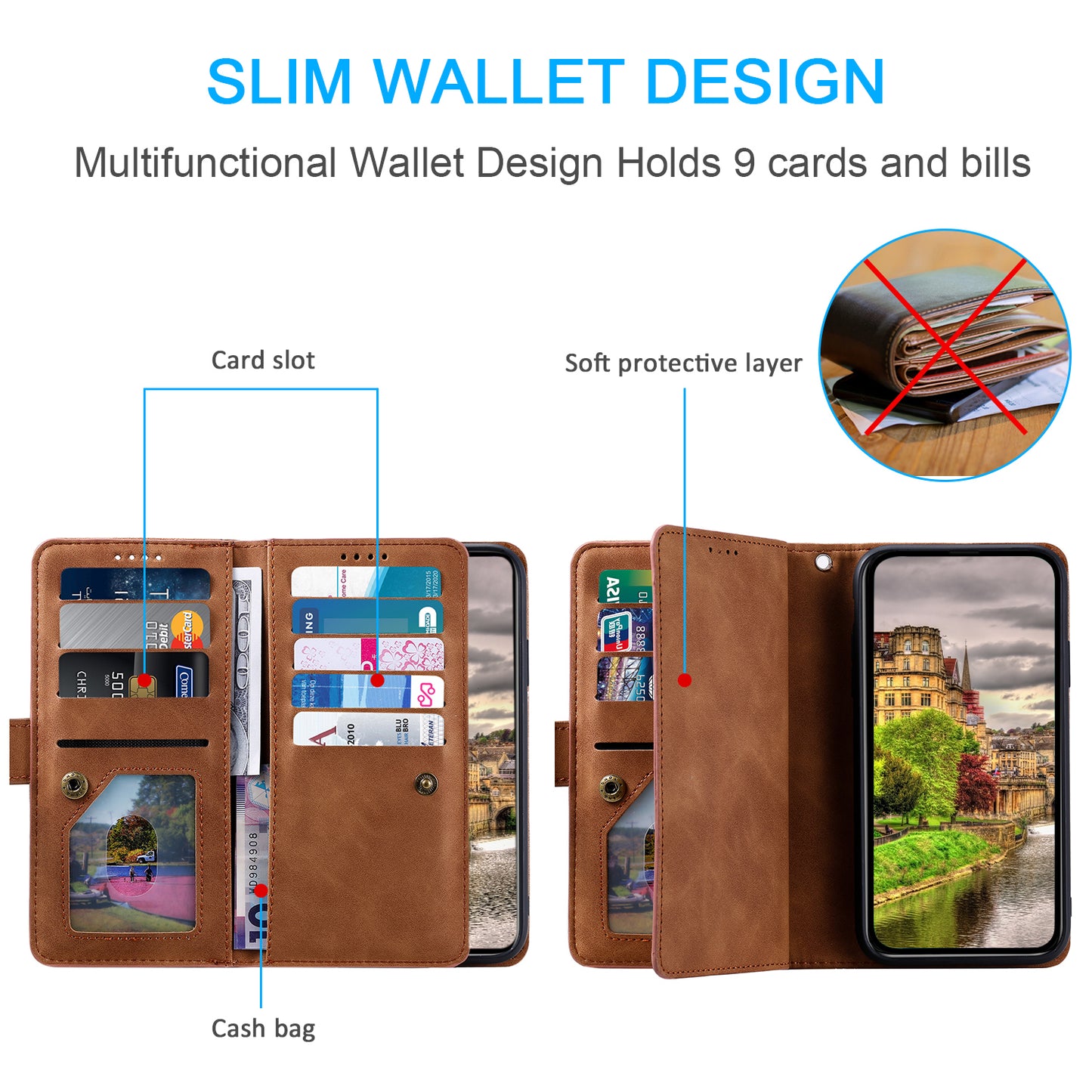 PU Leather Phone Case For Samsung Galaxy A33 5G , Zipper Pocket 9 Card Slots Phone Shell Cover