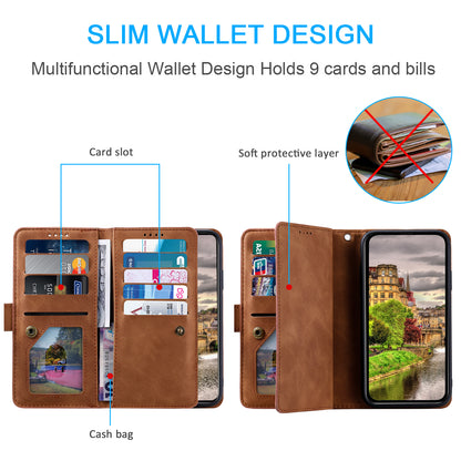PU Leather Phone Case For Samsung Galaxy A33 5G , Zipper Pocket 9 Card Slots Phone Shell Cover