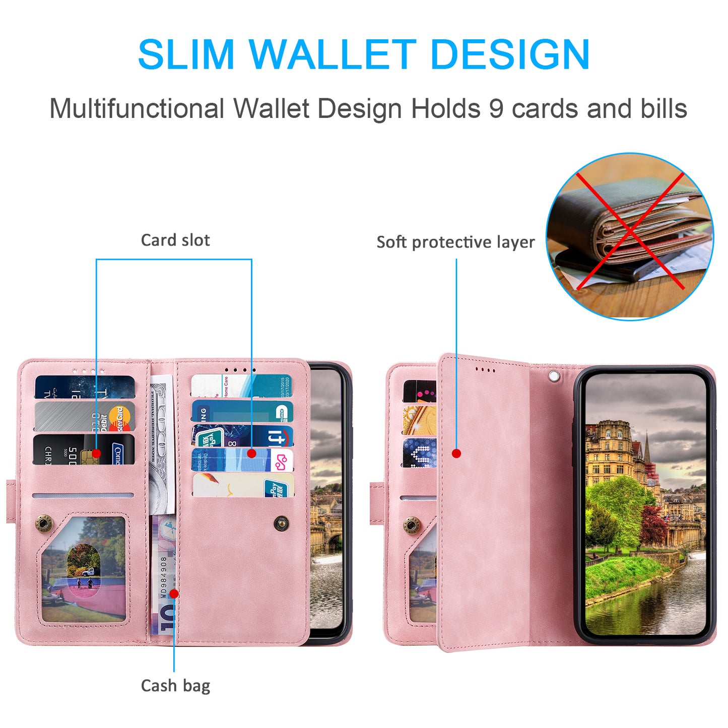 PU Leather Phone Case For Samsung Galaxy A33 5G , Zipper Pocket 9 Card Slots Phone Shell Cover