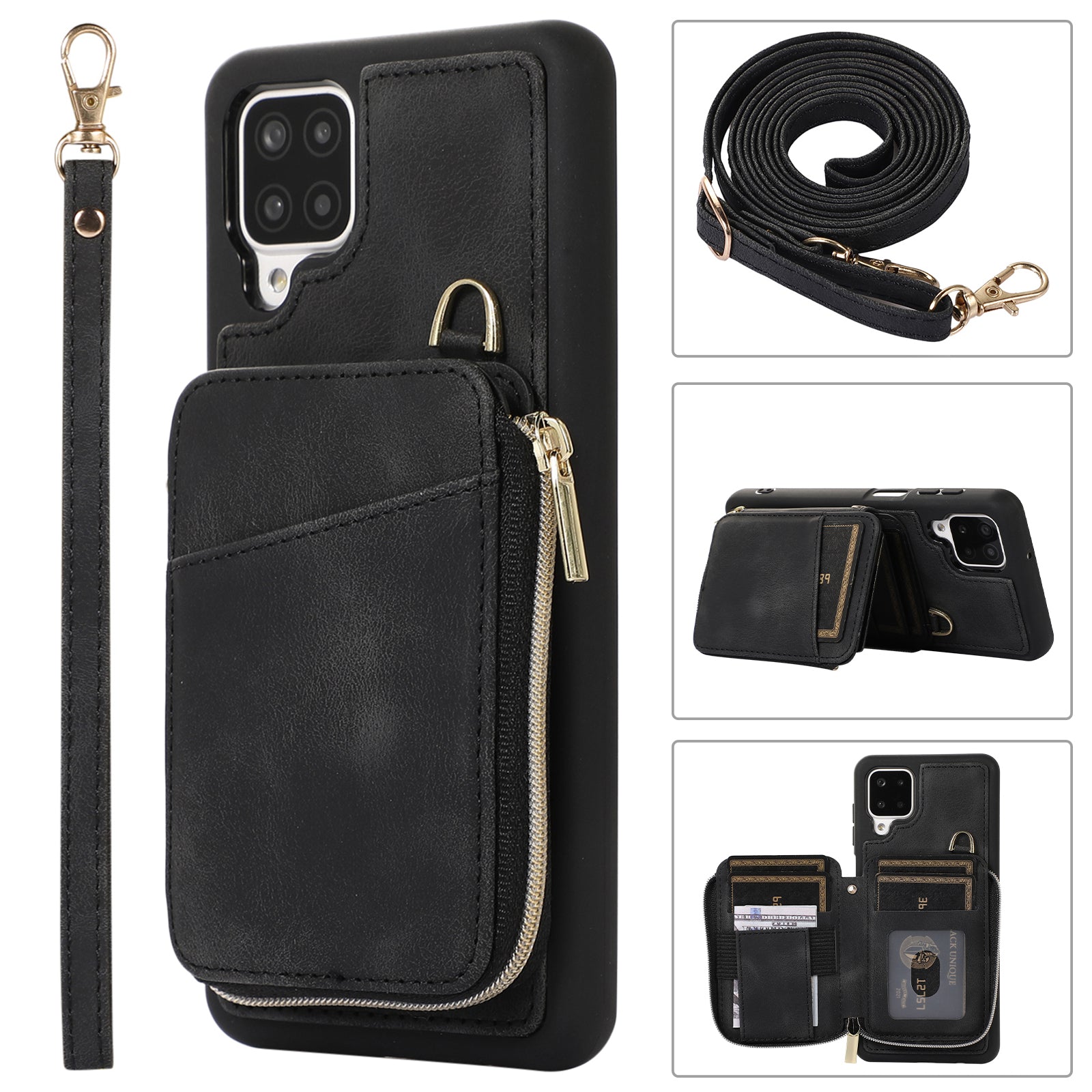 For Samsung Galaxy A12 Card Holder Slots Zipper Pocket Case PU Leather Coated TPU Kickstand Phone Cover