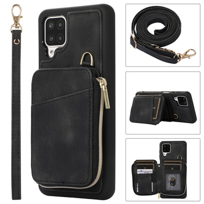 For Samsung Galaxy A12 Card Holder Slots Zipper Pocket Case PU Leather Coated TPU Kickstand Phone Cover