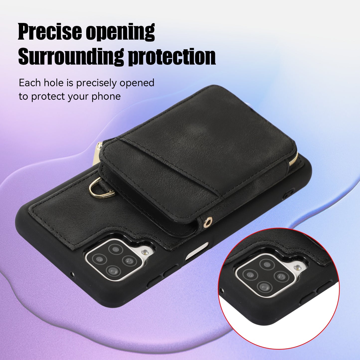For Samsung Galaxy A12 Card Holder Slots Zipper Pocket Case PU Leather Coated TPU Kickstand Phone Cover