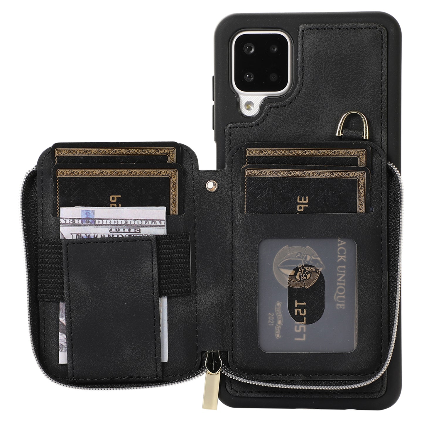 For Samsung Galaxy A12 Card Holder Slots Zipper Pocket Case PU Leather Coated TPU Kickstand Phone Cover