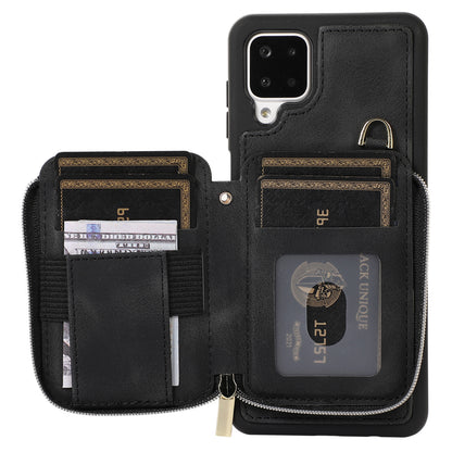 For Samsung Galaxy A12 Card Holder Slots Zipper Pocket Case PU Leather Coated TPU Kickstand Phone Cover