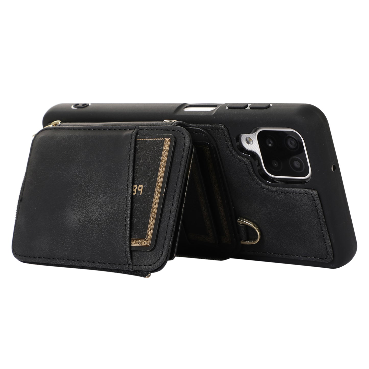 For Samsung Galaxy A12 Card Holder Slots Zipper Pocket Case PU Leather Coated TPU Kickstand Phone Cover