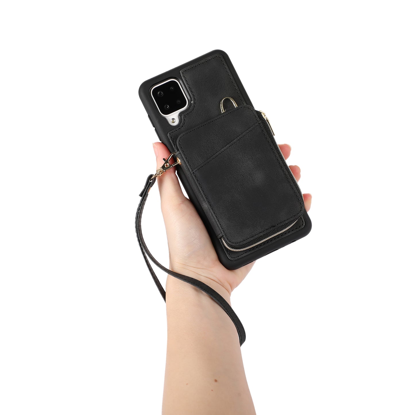 For Samsung Galaxy A12 Card Holder Slots Zipper Pocket Case PU Leather Coated TPU Kickstand Phone Cover