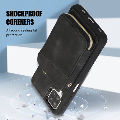 For Samsung Galaxy A12 Card Holder Slots Zipper Pocket Case PU Leather Coated TPU Kickstand Phone Cover