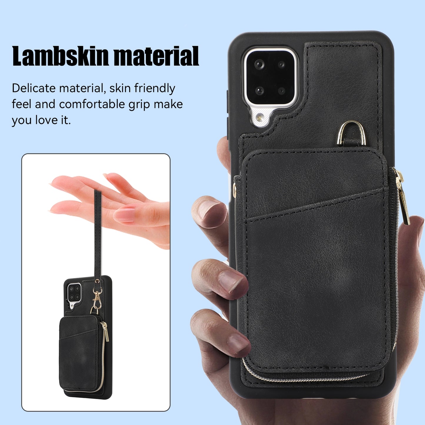 For Samsung Galaxy A12 Card Holder Slots Zipper Pocket Case PU Leather Coated TPU Kickstand Phone Cover