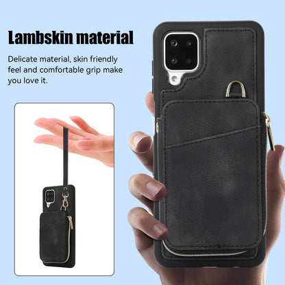 For Samsung Galaxy A12 Card Holder Slots Zipper Pocket Case PU Leather Coated TPU Kickstand Phone Cover