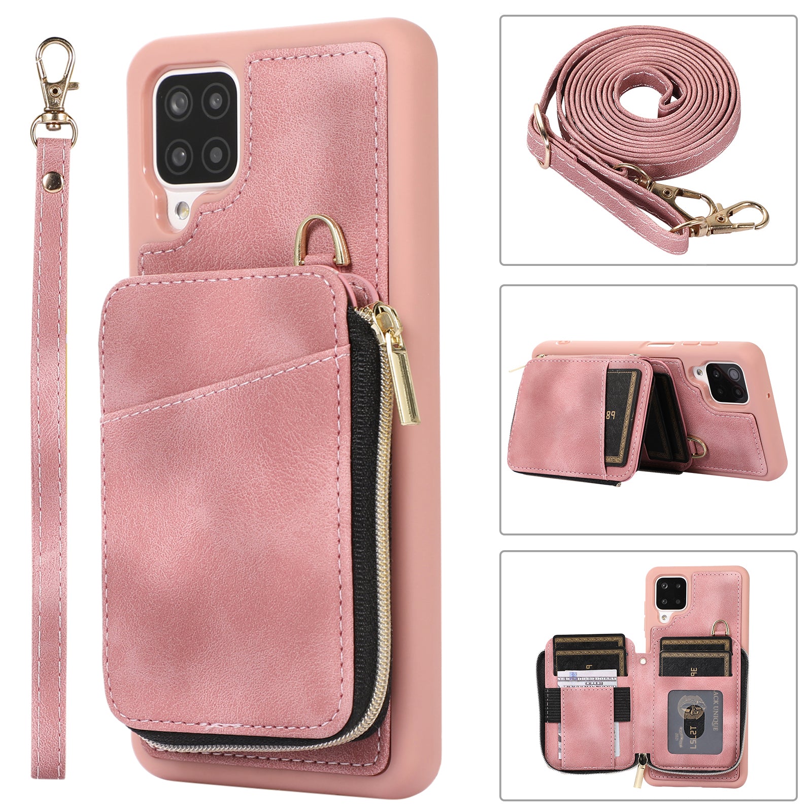 For Samsung Galaxy A12 Card Holder Slots Zipper Pocket Case PU Leather Coated TPU Kickstand Phone Cover