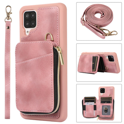 For Samsung Galaxy A12 Card Holder Slots Zipper Pocket Case PU Leather Coated TPU Kickstand Phone Cover