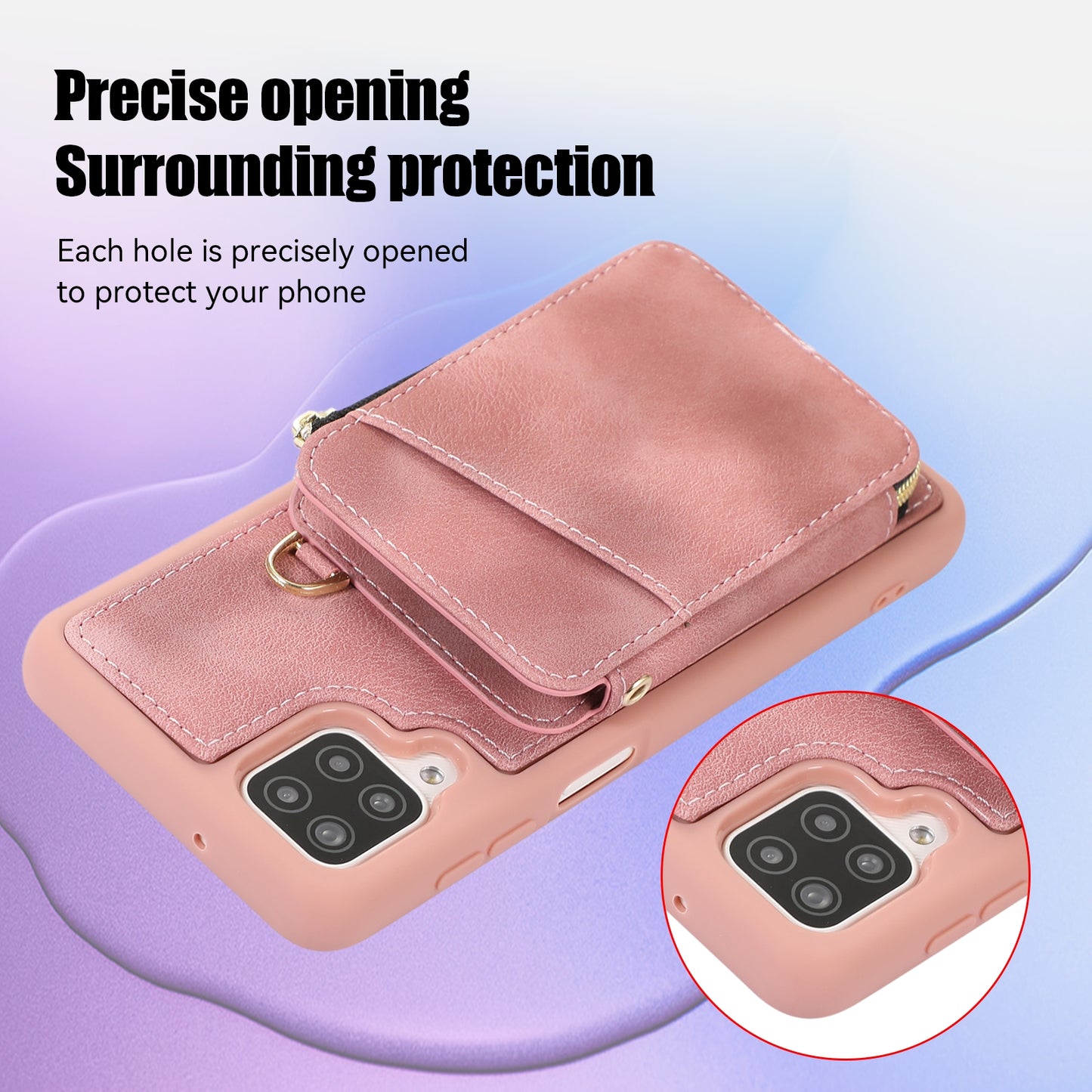 For Samsung Galaxy A12 Card Holder Slots Zipper Pocket Case PU Leather Coated TPU Kickstand Phone Cover