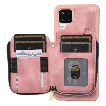 For Samsung Galaxy A12 Card Holder Slots Zipper Pocket Case PU Leather Coated TPU Kickstand Phone Cover