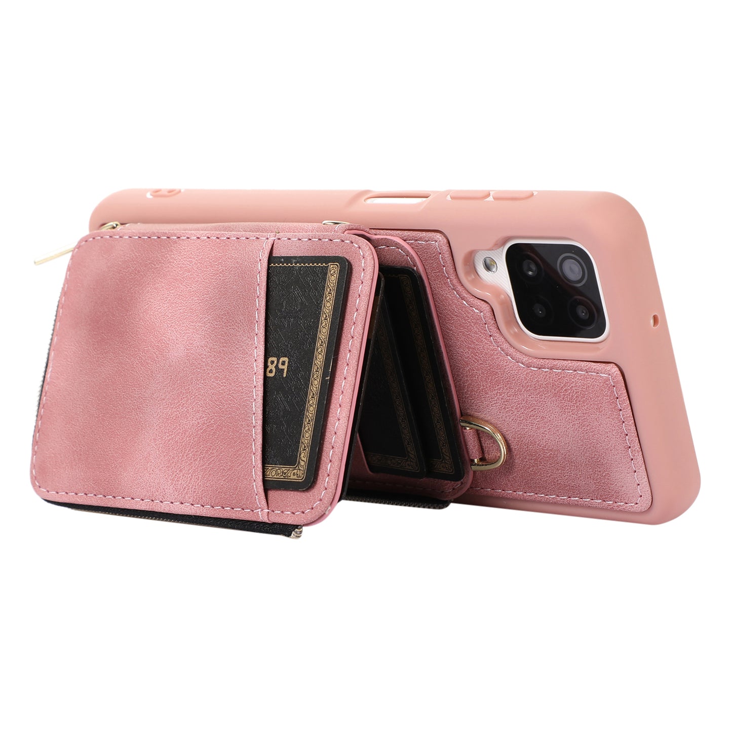 For Samsung Galaxy A12 Card Holder Slots Zipper Pocket Case PU Leather Coated TPU Kickstand Phone Cover