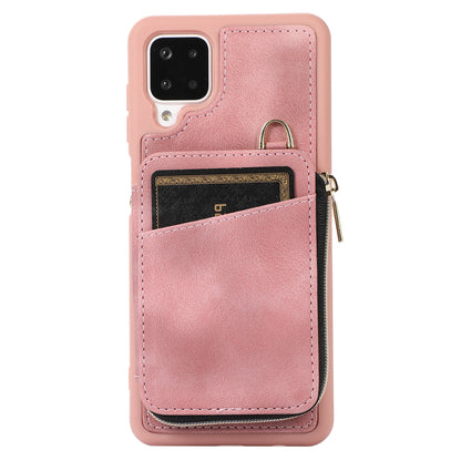 For Samsung Galaxy A12 Card Holder Slots Zipper Pocket Case PU Leather Coated TPU Kickstand Phone Cover