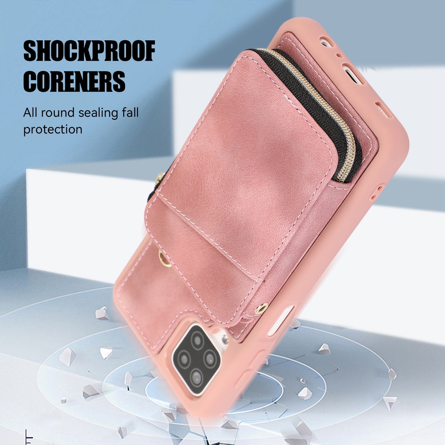For Samsung Galaxy A12 Card Holder Slots Zipper Pocket Case PU Leather Coated TPU Kickstand Phone Cover