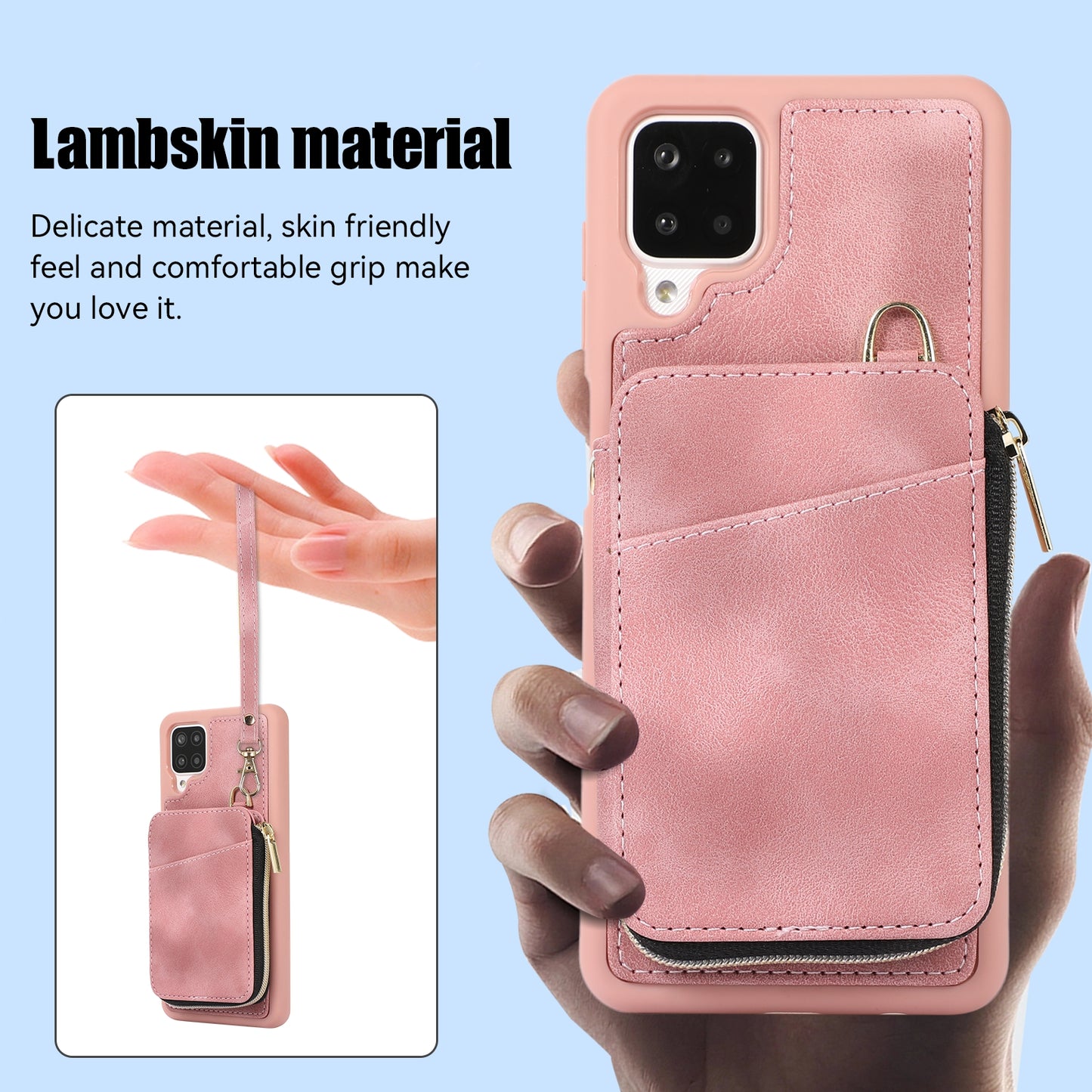 For Samsung Galaxy A12 Card Holder Slots Zipper Pocket Case PU Leather Coated TPU Kickstand Phone Cover