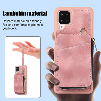 For Samsung Galaxy A12 Card Holder Slots Zipper Pocket Case PU Leather Coated TPU Kickstand Phone Cover
