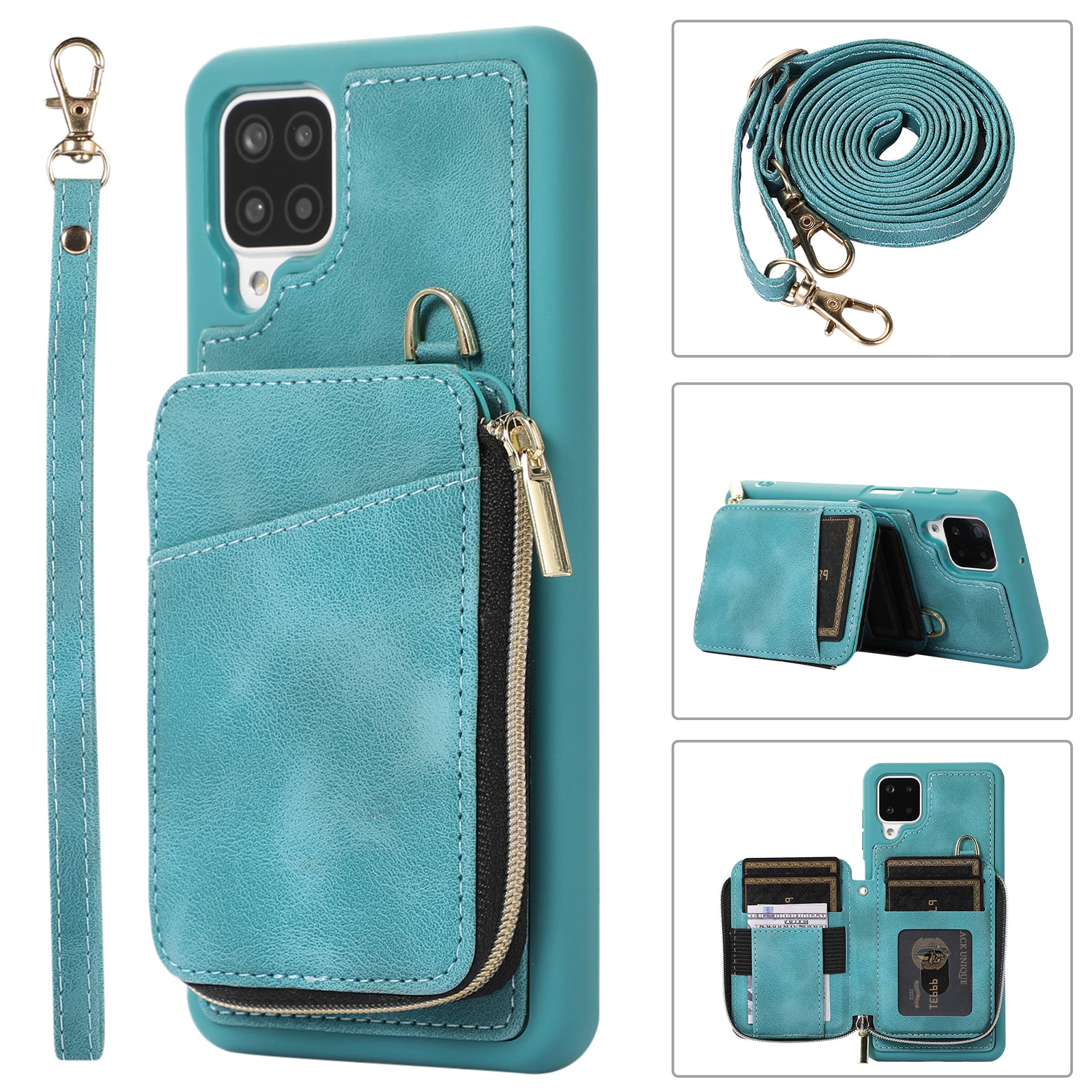For Samsung Galaxy A12 Card Holder Slots Zipper Pocket Case PU Leather Coated TPU Kickstand Phone Cover