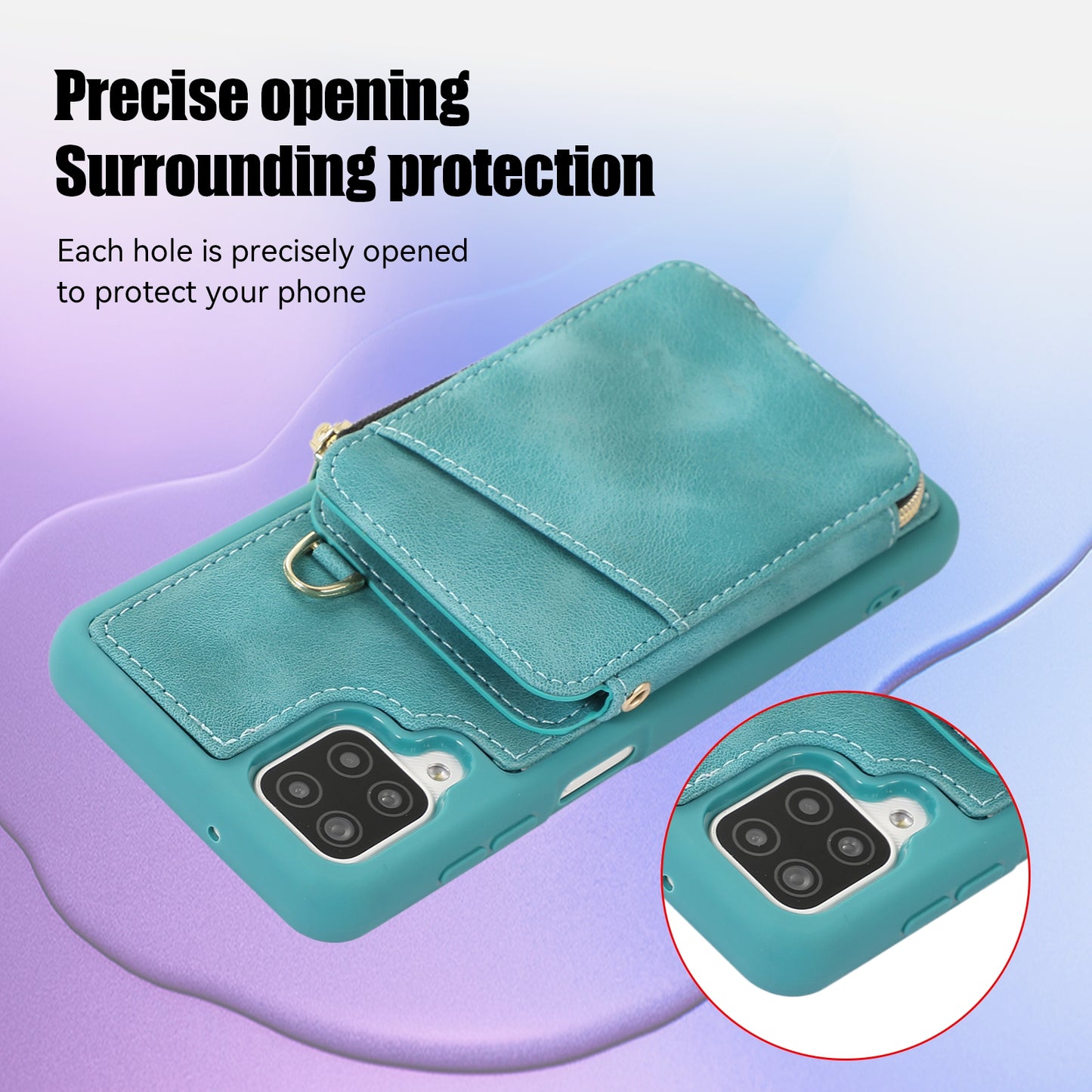 For Samsung Galaxy A12 Card Holder Slots Zipper Pocket Case PU Leather Coated TPU Kickstand Phone Cover