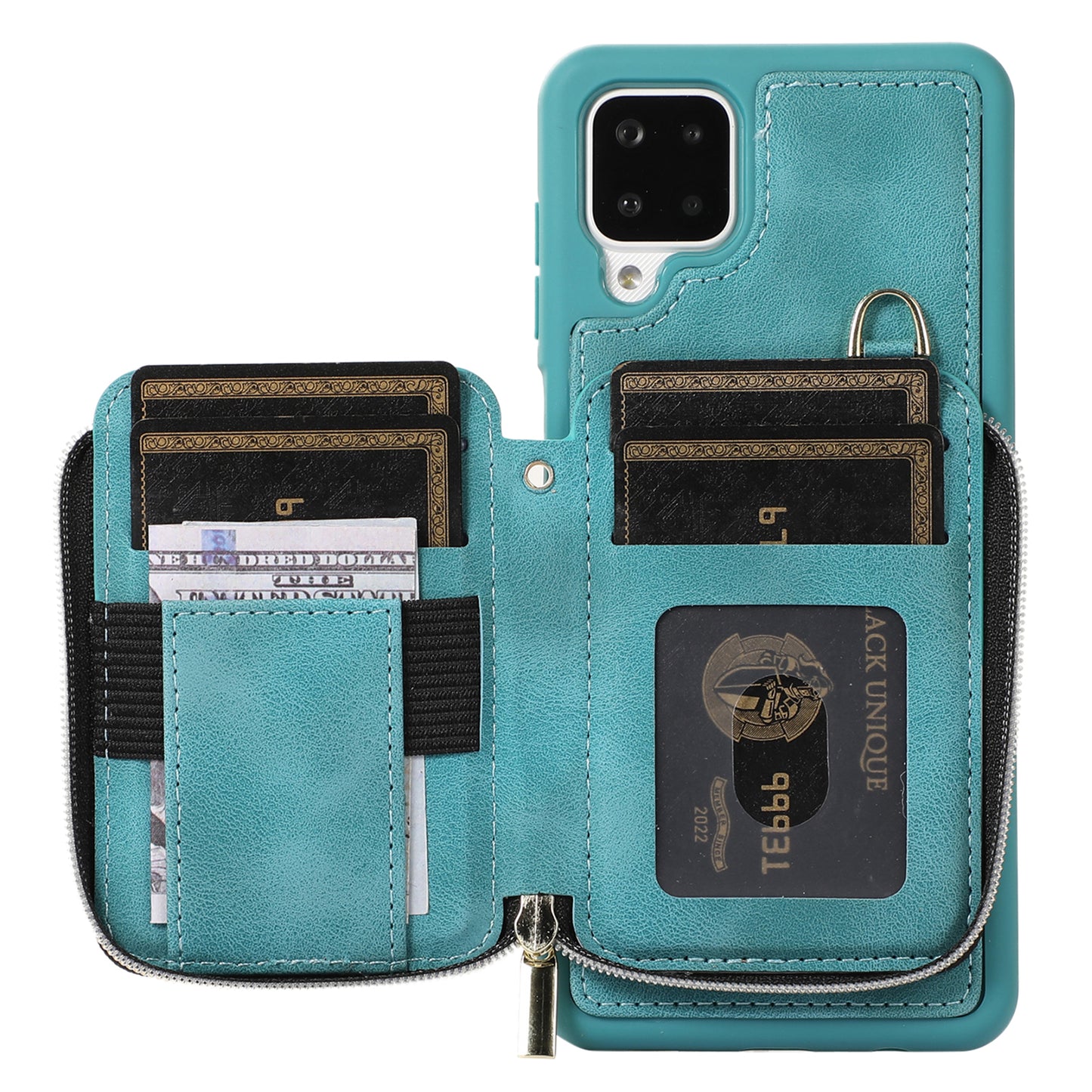 For Samsung Galaxy A12 Card Holder Slots Zipper Pocket Case PU Leather Coated TPU Kickstand Phone Cover