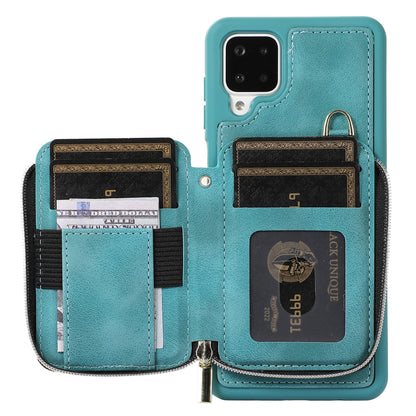 For Samsung Galaxy A12 Card Holder Slots Zipper Pocket Case PU Leather Coated TPU Kickstand Phone Cover