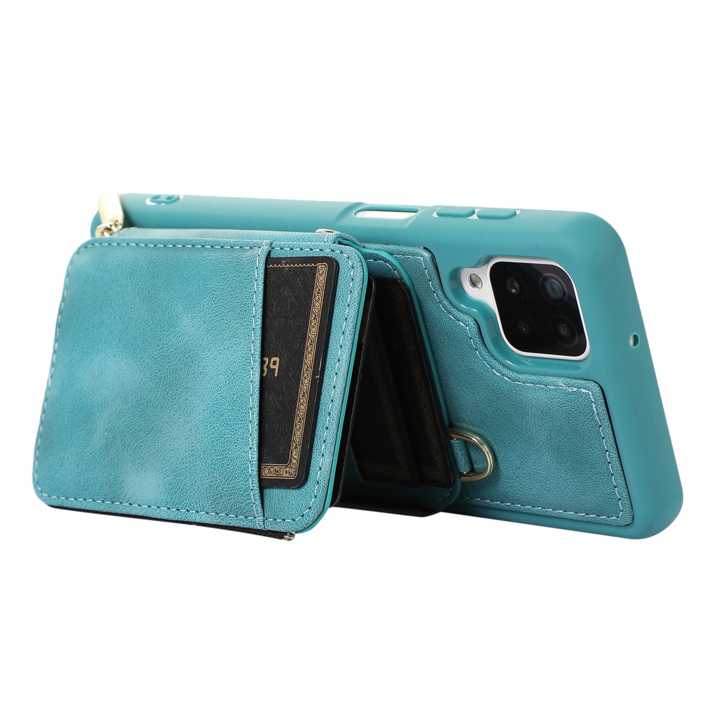For Samsung Galaxy A12 Card Holder Slots Zipper Pocket Case PU Leather Coated TPU Kickstand Phone Cover