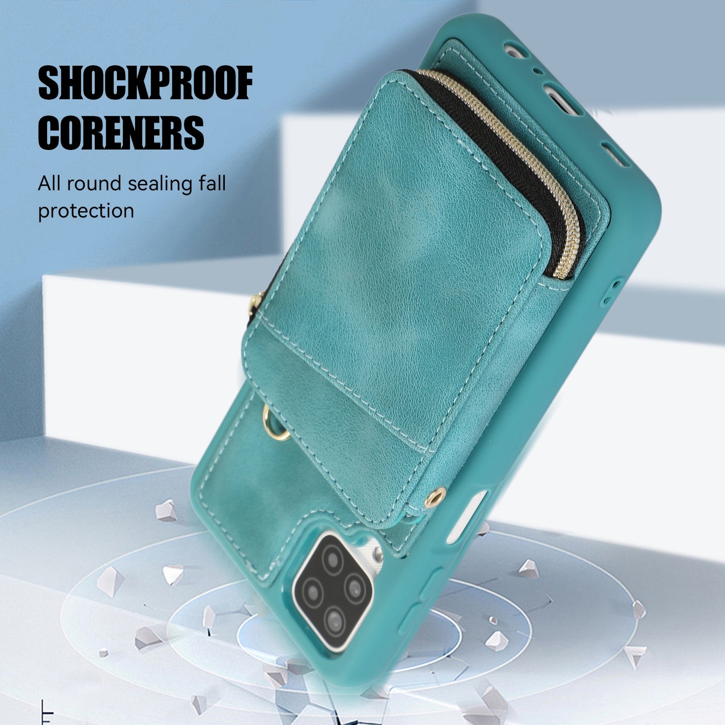 For Samsung Galaxy A12 Card Holder Slots Zipper Pocket Case PU Leather Coated TPU Kickstand Phone Cover