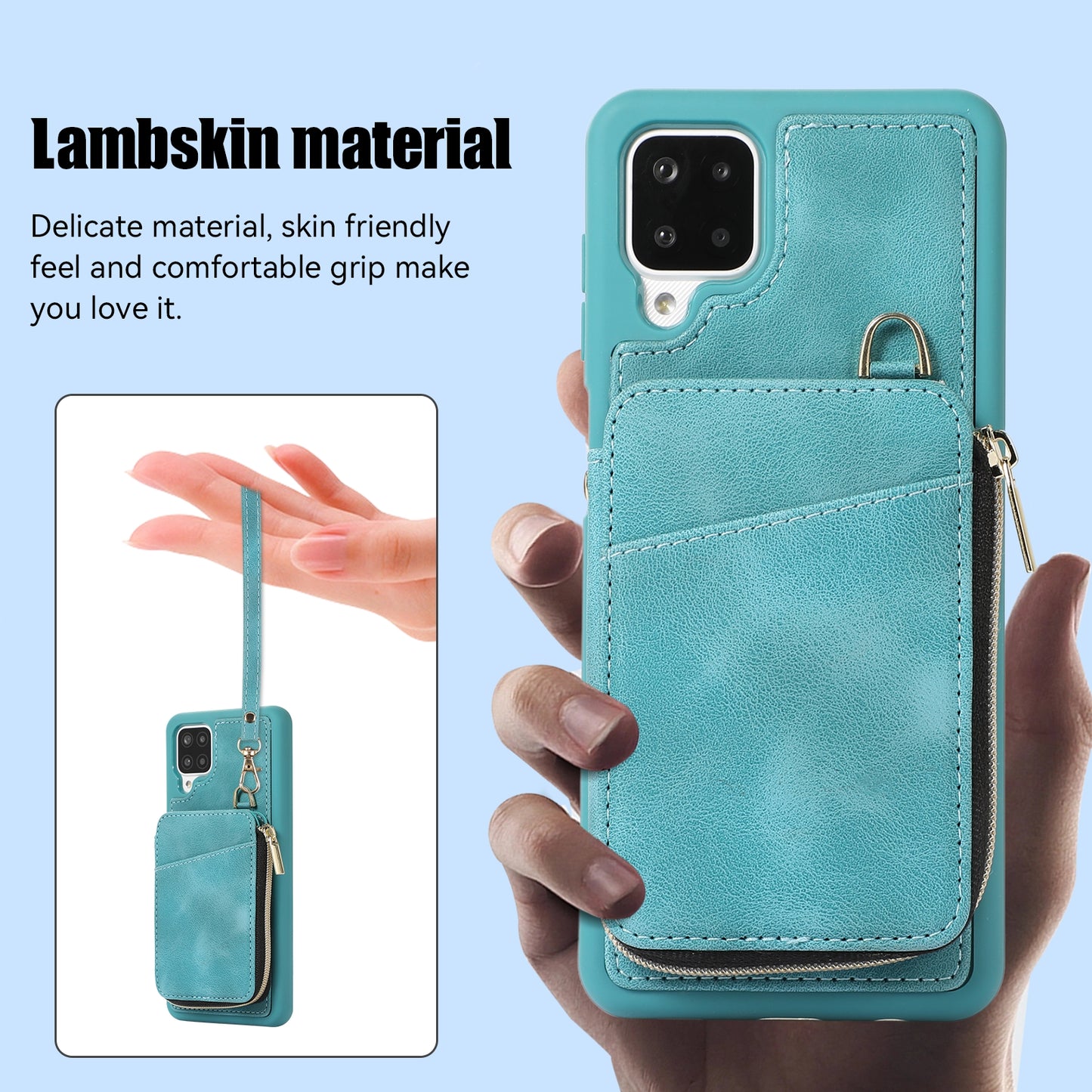 For Samsung Galaxy A12 Card Holder Slots Zipper Pocket Case PU Leather Coated TPU Kickstand Phone Cover