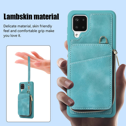 For Samsung Galaxy A12 Card Holder Slots Zipper Pocket Case PU Leather Coated TPU Kickstand Phone Cover