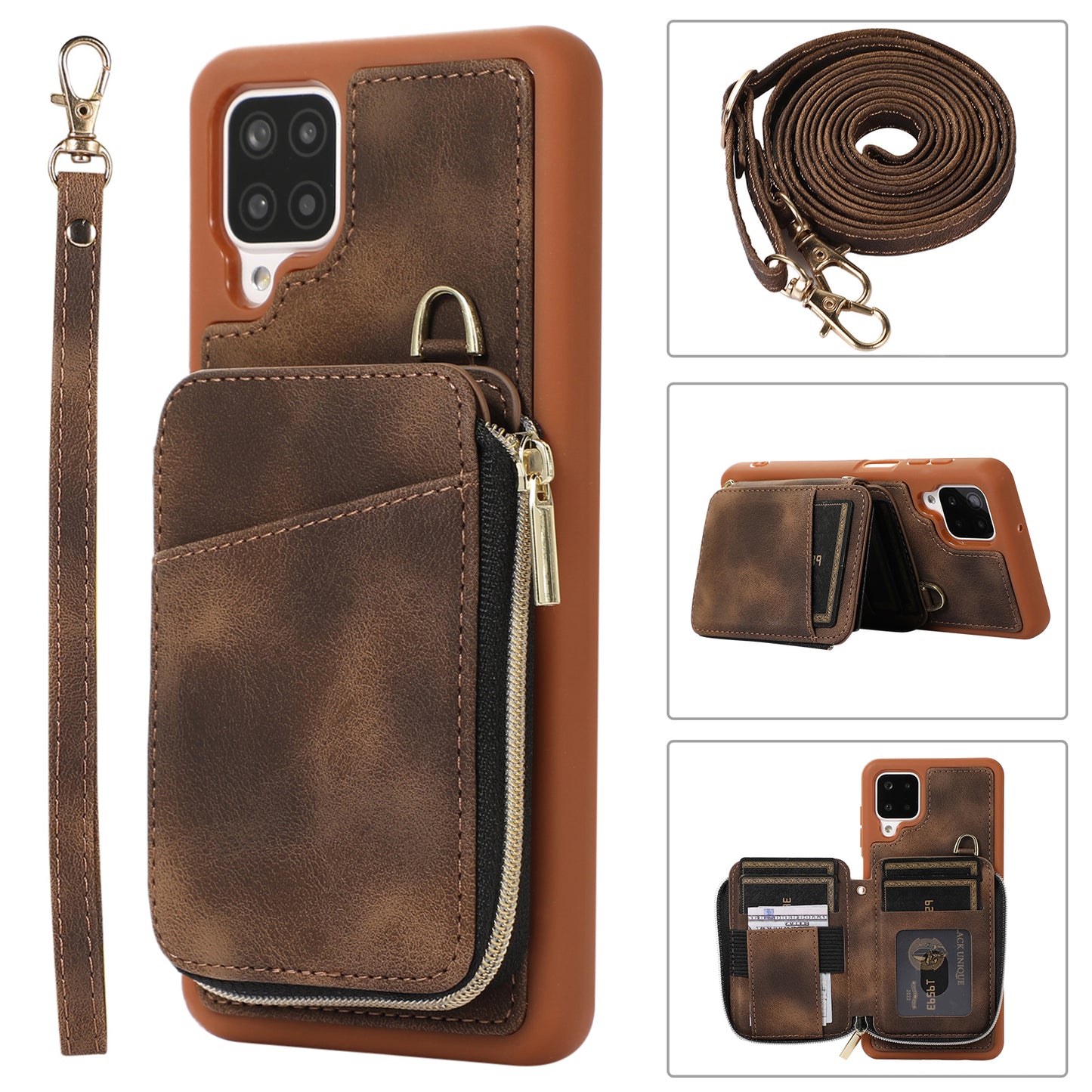 For Samsung Galaxy A12 Card Holder Slots Zipper Pocket Case PU Leather Coated TPU Kickstand Phone Cover