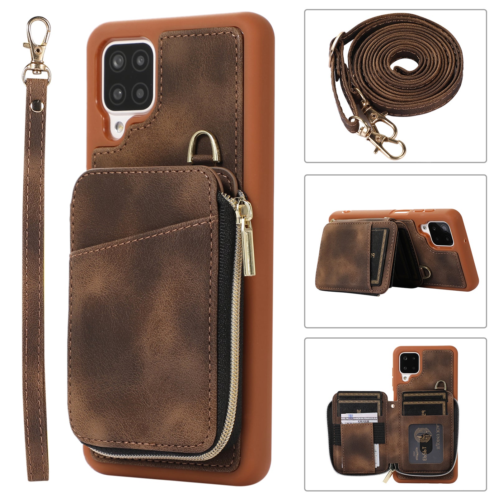 For Samsung Galaxy A12 Card Holder Slots Zipper Pocket Case PU Leather Coated TPU Kickstand Phone Cover