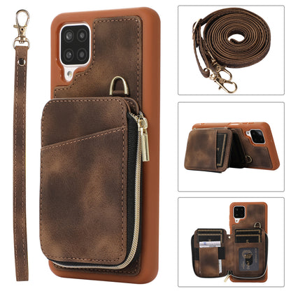For Samsung Galaxy A12 Card Holder Slots Zipper Pocket Case PU Leather Coated TPU Kickstand Phone Cover