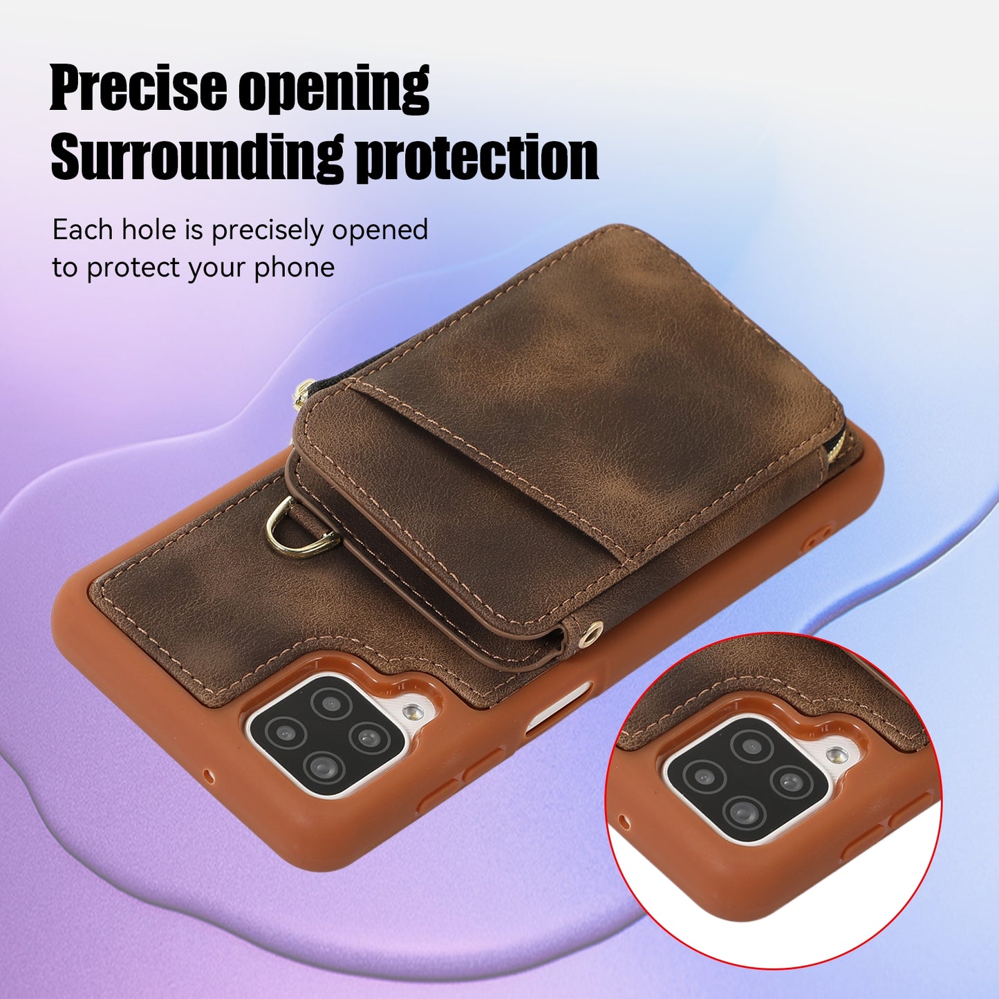 For Samsung Galaxy A12 Card Holder Slots Zipper Pocket Case PU Leather Coated TPU Kickstand Phone Cover