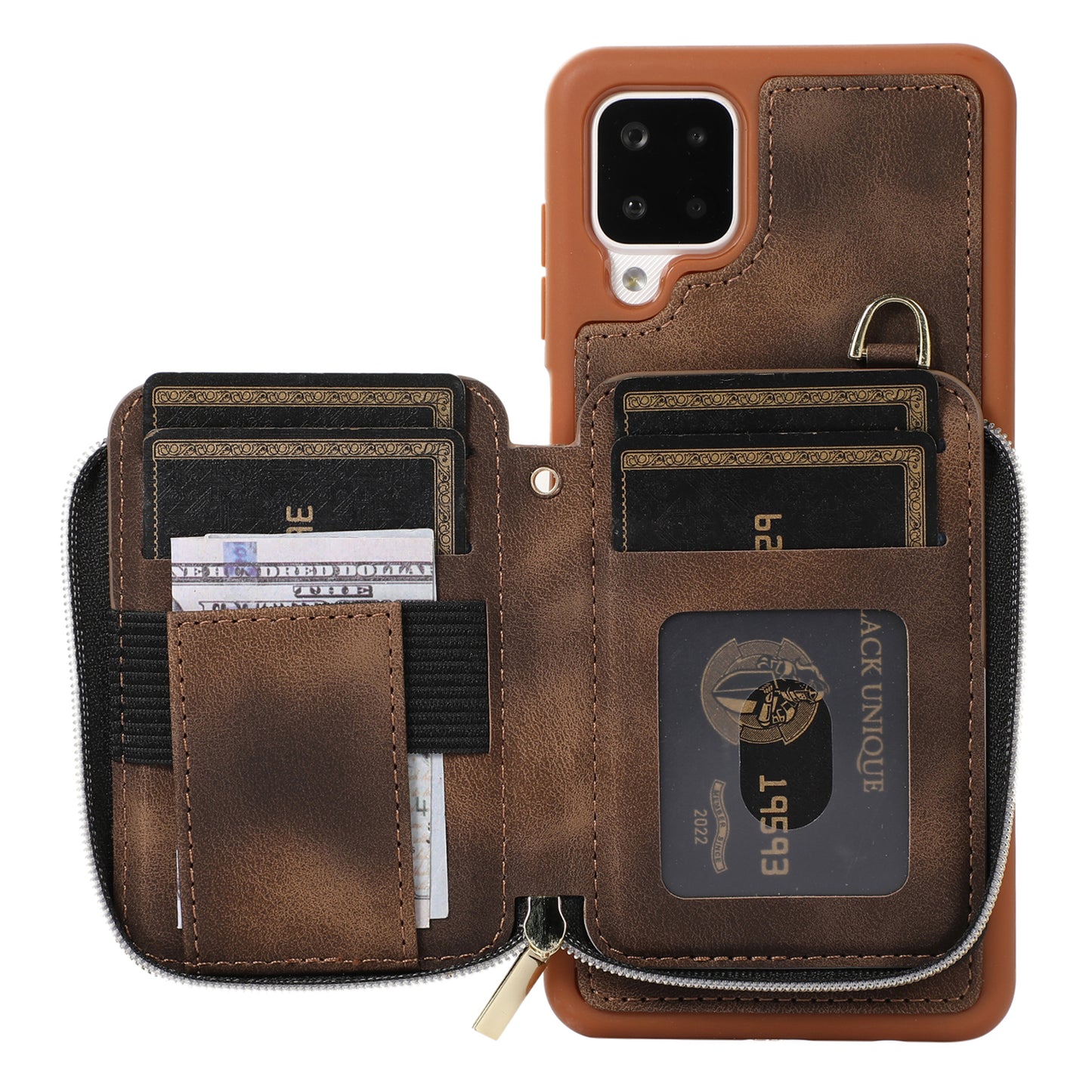 For Samsung Galaxy A12 Card Holder Slots Zipper Pocket Case PU Leather Coated TPU Kickstand Phone Cover