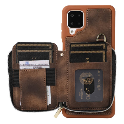 For Samsung Galaxy A12 Card Holder Slots Zipper Pocket Case PU Leather Coated TPU Kickstand Phone Cover